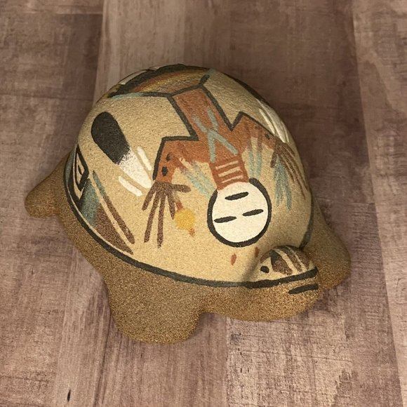 Vtg 80s Native Sand Art Painting Turtle Tortoise w Yei Figure Southwest 6” L - Picture 7 of 16